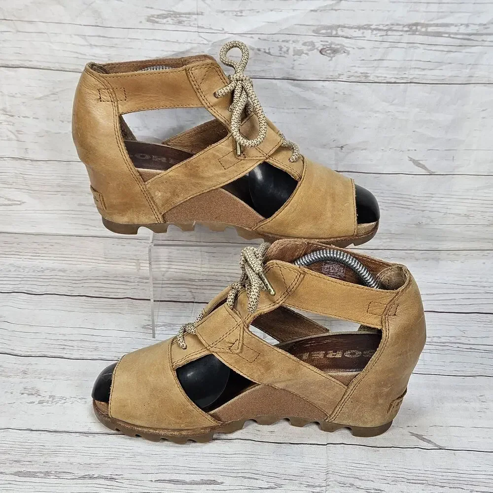 Sorel Sandals Womens 10 Joanie Lace Up Gladiator Peep Toe Wedge Brown Leather